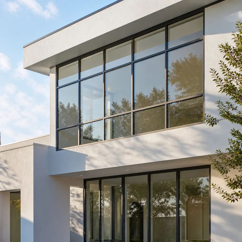 Modern residential home exterior with large energy-efficient black frame windows